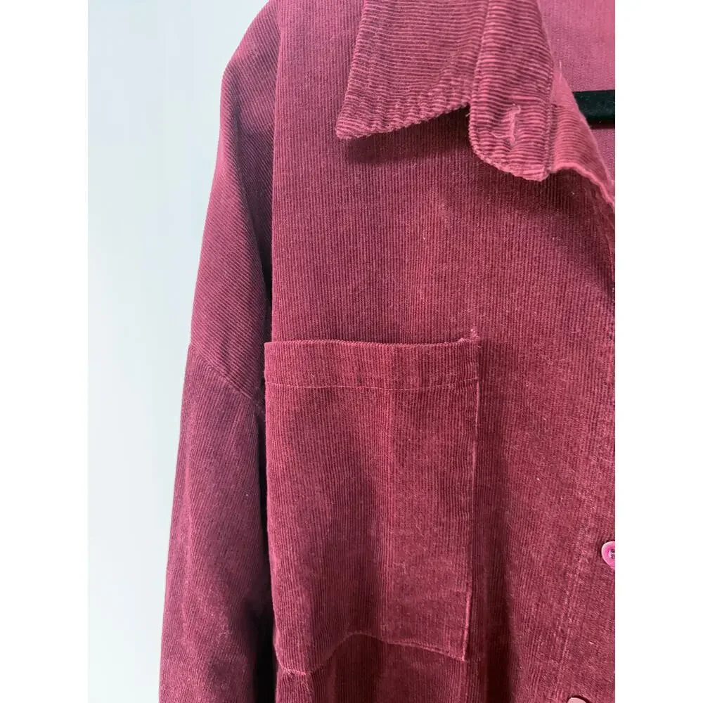 Corduroy Burgundy Velvety Shacket Raw Hem Alternative Grunge Barn Medium - Picture 7 of 9